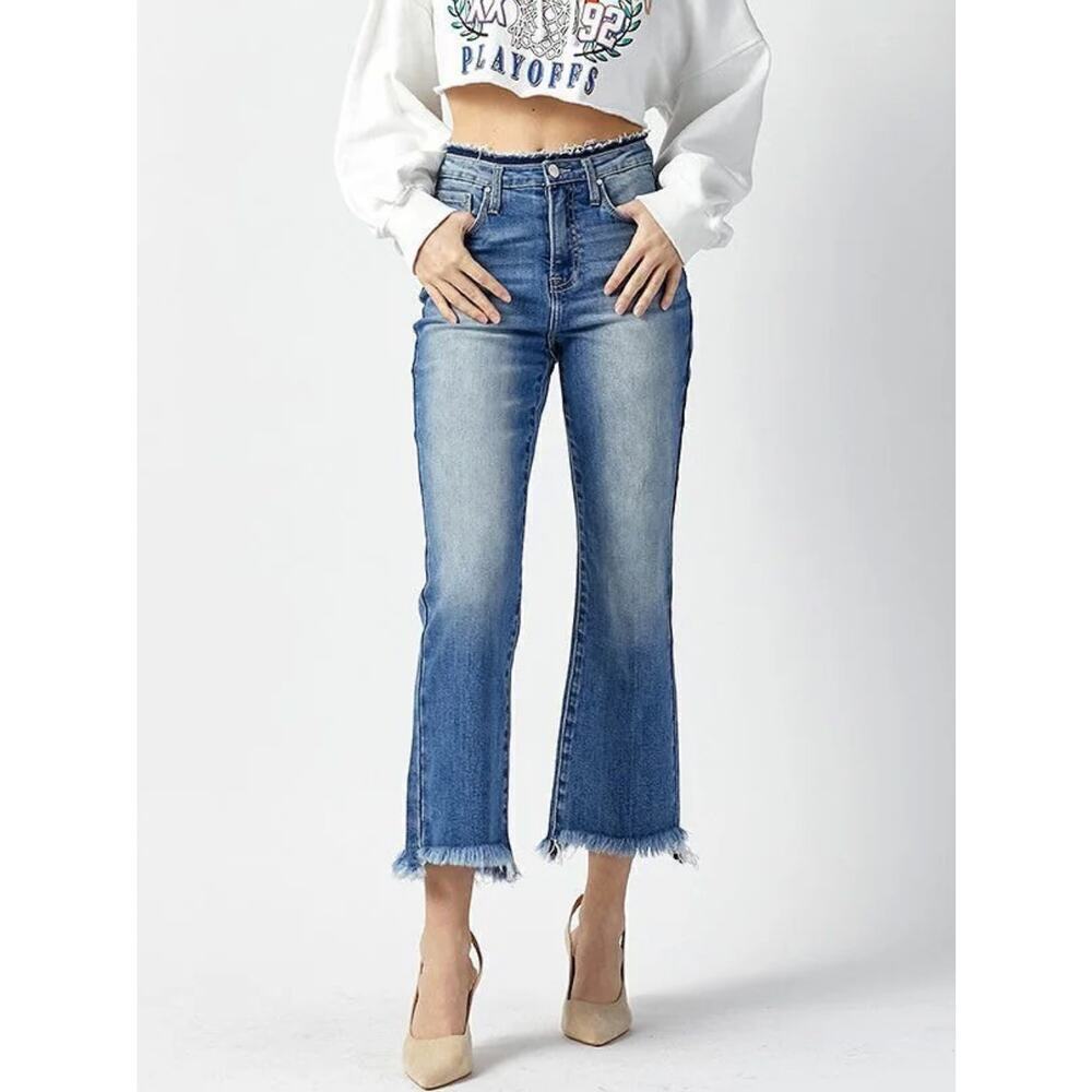 Risen Women’s High Rise Straight Leg Jeans Size 11/30 Frayed Hem Medium Wash